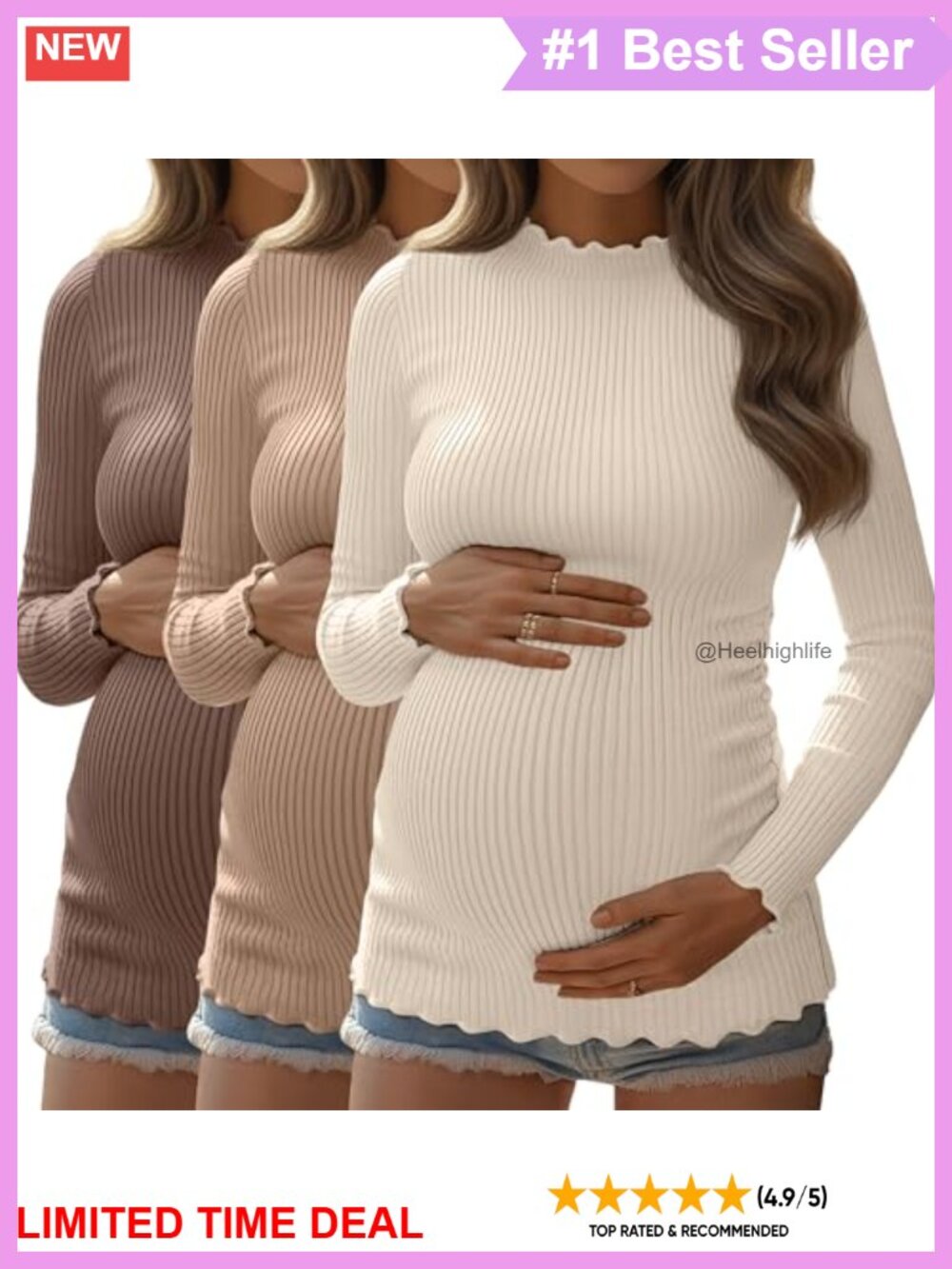 Ribbed Long Sleeve Mock Turtleneck Maternity Tunic Tops 3 Pack